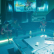 Patrons sit around a square table at the Afterlife bar in Night City.